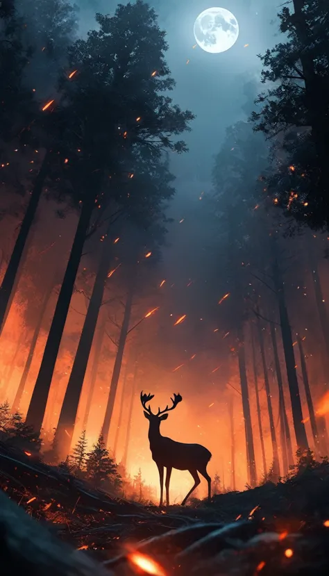 score_9, score_8_up, score_7_up, score_6_up, low angle, anime, no human, a deer, forest, night, forest on fire, smokey environment, blurry, ember, fire sparks, moonlight