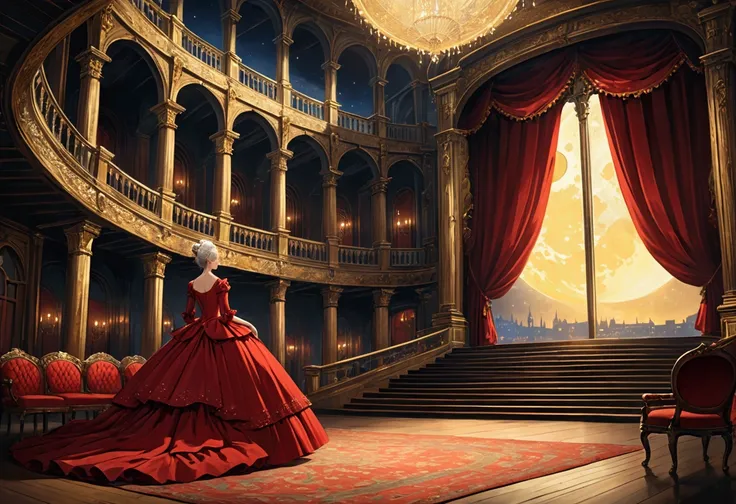 masterpiece, bestquality a huge theather in the 18th century, fancy, intricated deatilswith rolls upon wollds of seats gazing upon the huge stage, when a man with a fancy suit with long white hair and yellow eyes, waltz with a woman with black hair styled ...