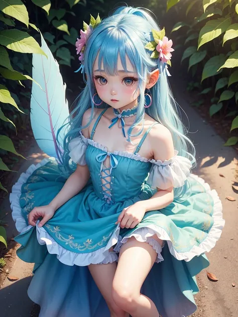 cute little fairy、Blue gradient hair、rainbow color feather fluffy dress ribbon hair accessories ,  Anatomically Accurate, ,  Hoop Earrings 、 Blushing , Leaf、forest、flower、flower冠