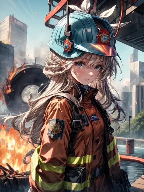 A highly detailed 8K high-resolution image of a cute young woman dressed as a firefighter, standing beside a fire truck and holding a water hose,She has a confident expression, wearing a red helmet, fire-resistant jacket, and gloves,The background shows a ...