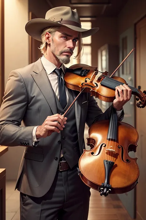 australian man, 40s, short goatee, goatee beard, blonde hair, slicked back in a gel, mullet long haircut, sharp jawline, rugged, australian outback hat, 1930s suit carrying a violin case, rugged face, not pretty