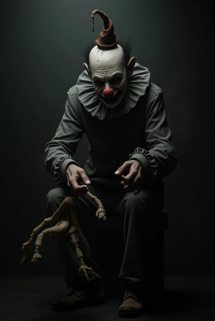 Shady clown with a small hat and stitched face manipulating a puppet with his fingers 