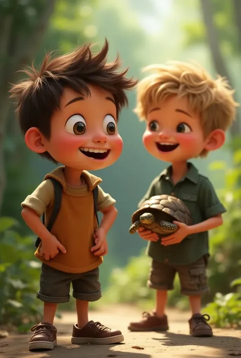 Timmy Laughs at Himself:
Timmy, a boy with a short brown hair chuckling to himself, face red with embarrassment. Jack, a boy with messy blond hair smiles in the background, still holding a tortoise, as they both enjoy the moment.

