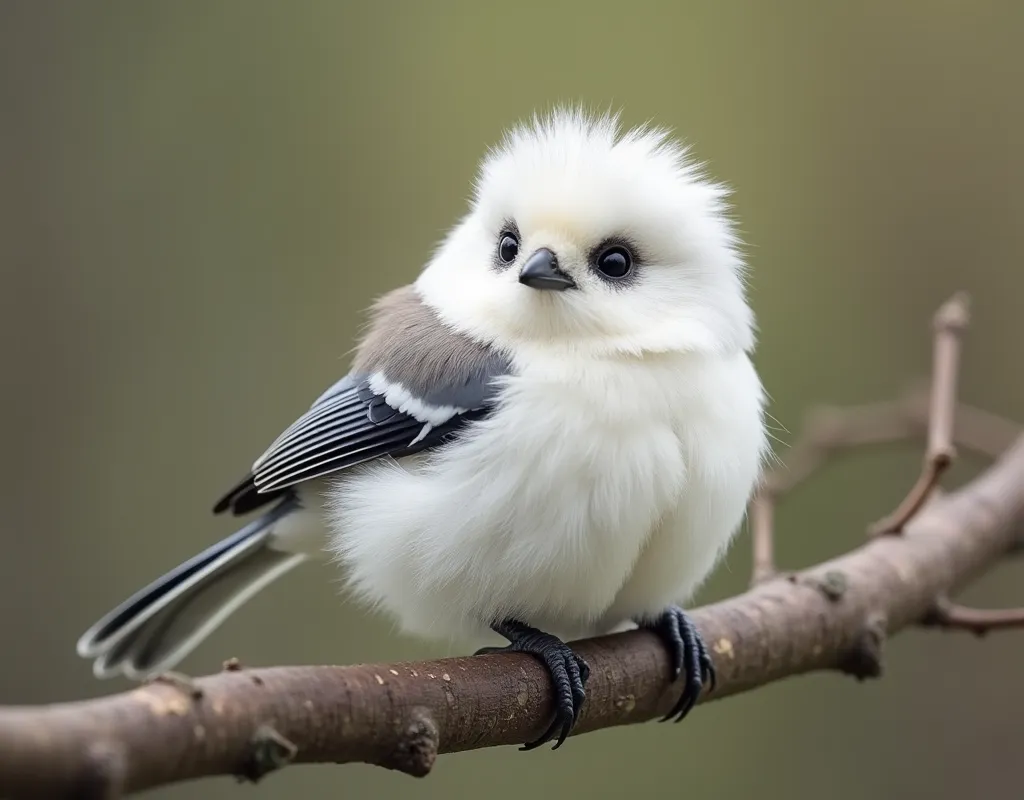 Long-tailed Tit, white, 白くてFluffy, Fluffy, とてもFluffy, cute, とてもcute, Round eyes, Stocky, Perched on a branch, realistic:1.5, photograph:1.4