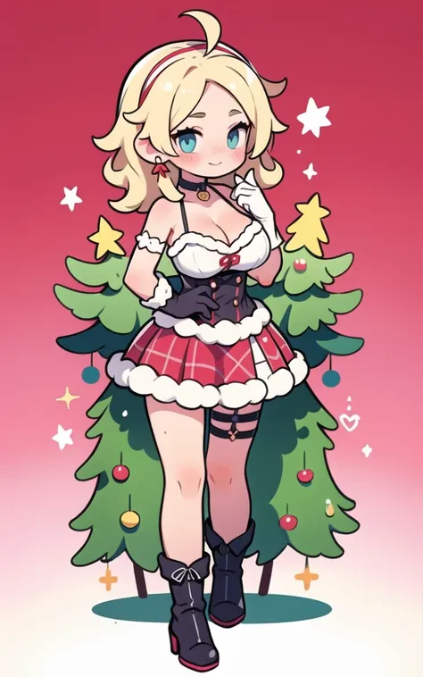 ,Skinny,(((extremely large breasts))),cleavage, among colorful, , christmas tree with lights and decorations background,arm at side, long wavy pink gradient hair,ahoge,blue eyes,tanned skin,smiling, cheek dimples, cute anime girl, cute, subtle blush, 

Sho...