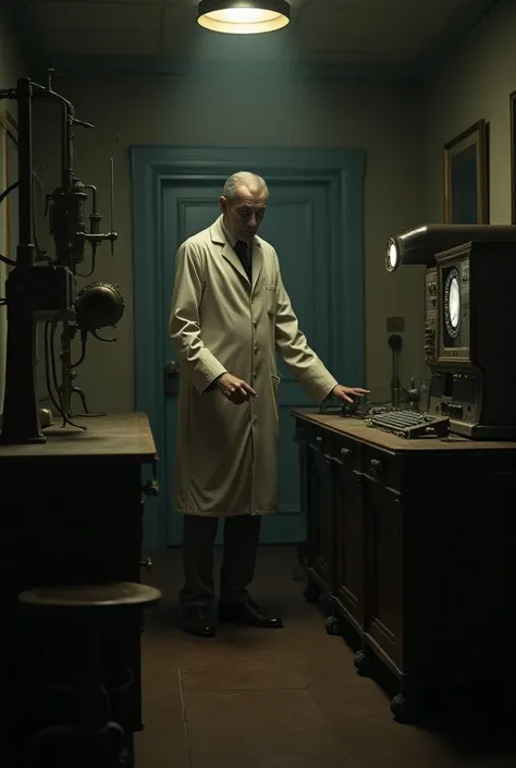 A vintage scene of a radiologist in a 1920s hospital, surrounded by early medical equipment, looking pale and disoriented.