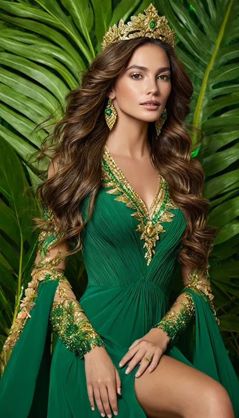 Queen of Brazil - A woman with long, wavy brown hair that echoes the tropical forests. Her dress is emerald green with golden details inspired by Brazilian flora, showcasing the country’s natural richness.