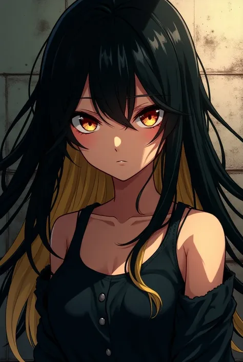  A teenage girl with long black hair, smooth. With a blonde part on the back of the neck , with a red streak.  Yellow eyes mixed with red .  Make it in the anime style of Tokyo Revengers  