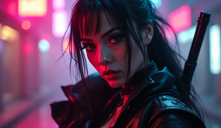 a cyberpunk bad-ass girl, assassin, full body view, stunning detailed facial features, beautiful detailed eyes, beautiful detailed lips, extremely detailed eyes and face, long eyelashes, detailed intricate cyberpunk outfit, dynamic cyberpunk pose, neon cyb...