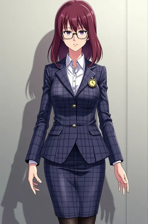 middle aged anime woman, middle length hair with bangs, maroon hair color, the ends of the hair flair up, silver rectangular glasses, she is wearing a blue-purple suit with a black windowpane pattern to it, she wears a white blouse underneath, she is weari...