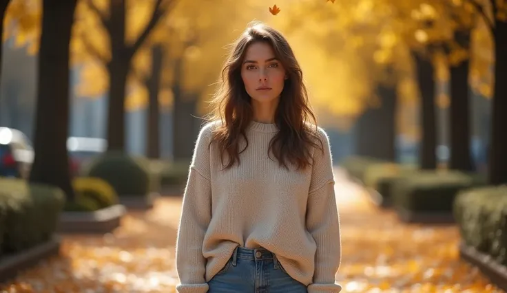 "A woman in her early thirties with wavy, light brown hair and deep brown eyes, standing alone in a quiet city park during autumn. She is dressed casually in a light sweater and jeans, with a pensive expression as she gazes into the distance, surrounded by...