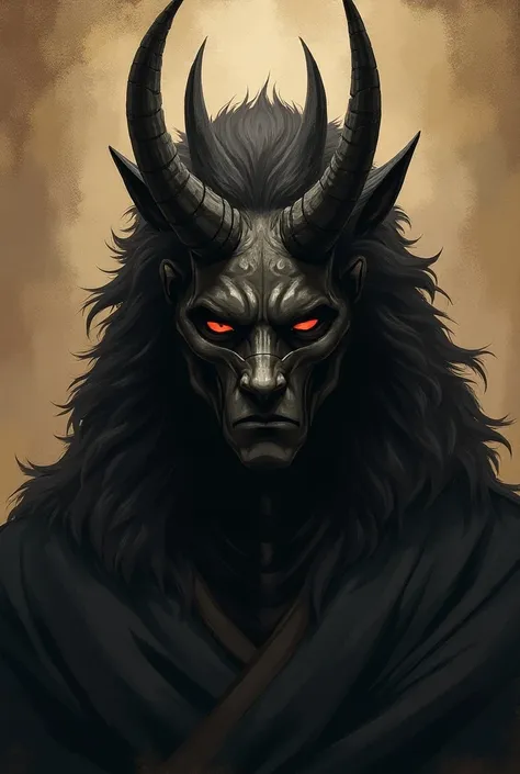 anime art,  demon They ,  close shot mask , without eyes,  number of horns seven pieces,  lions mane. Noble painting 
