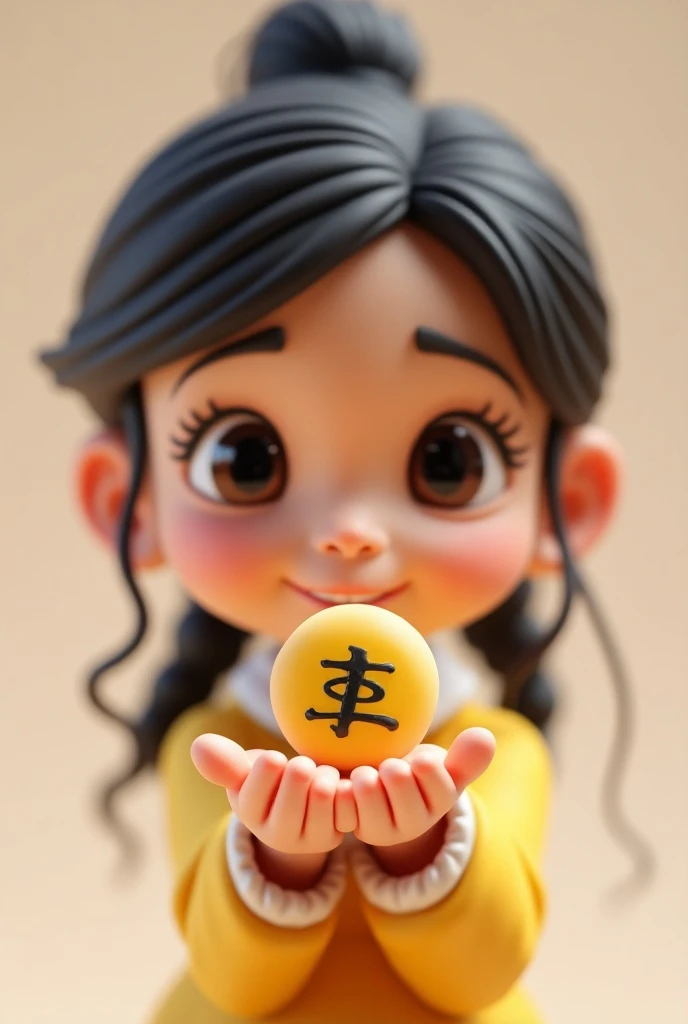 Girls " 3D caricature of a girl, key chain in the palm of the hand. High-quality realistic photo, and there is the name "Bhangshii Takoyaki" in 3D letter style, embossed and realistic, in black yellow, indium white and black, 