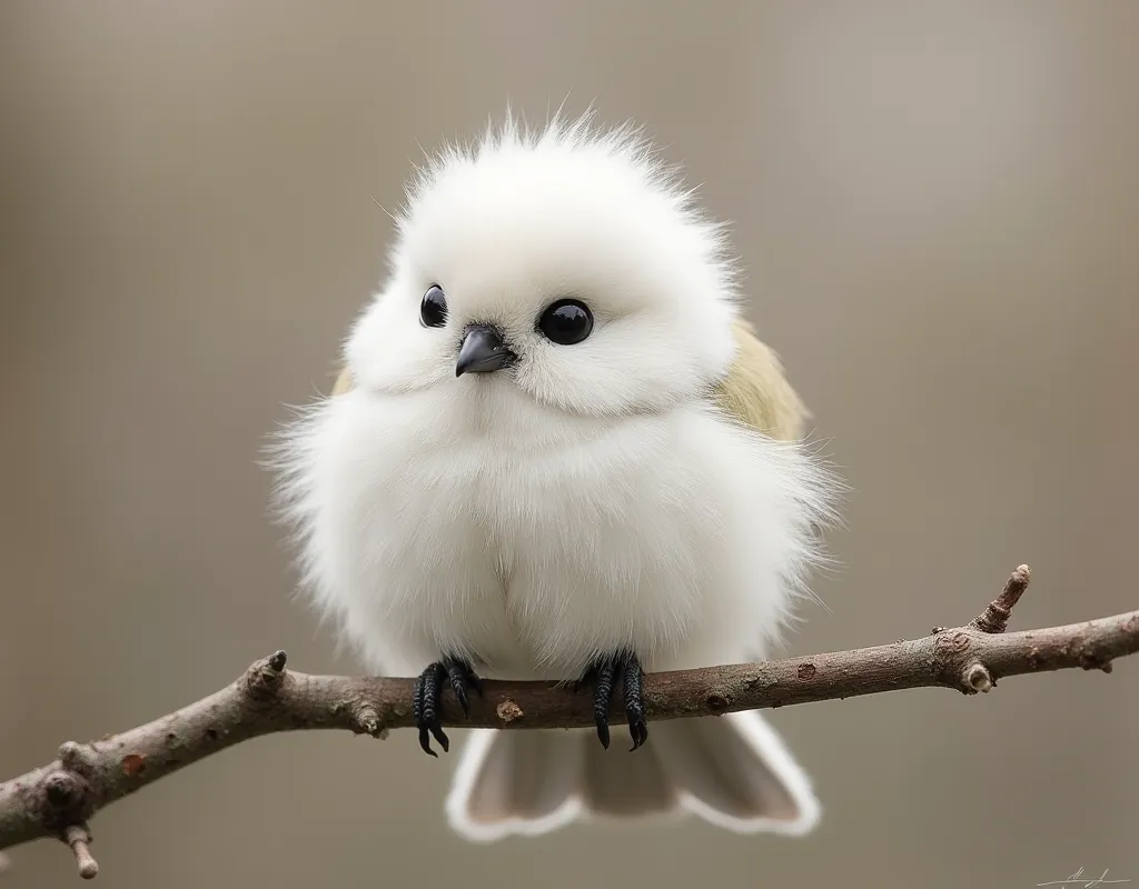 Long-tailed Tit, white, 白くてFluffy, Fluffy, とてもFluffy, cute, とてもcute, Round eyes, Stocky, Perched on a branch, realistic:1.5, photograph:1.4