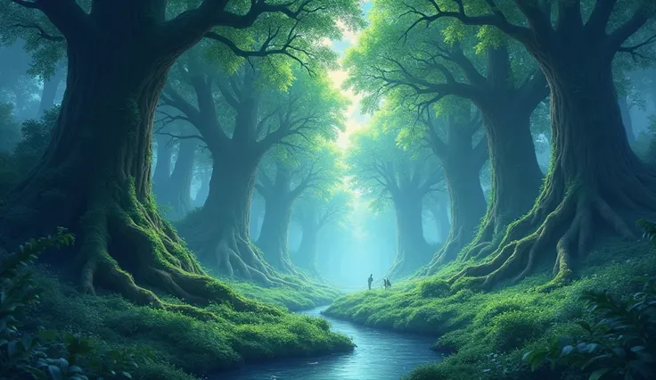 /imagine prompt: Viral anime nature wallpaper in 4K quality, in the style of digital illustration inspired by Hayao Miyazaki, featuring a serene forest with towering ancient trees, dappled sunlight filtering through the leaves, a gentle stream flowing thro...