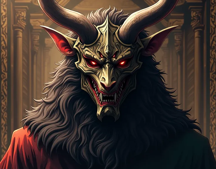 anime art,  demon They ,  close shot mask , without eyes, the number of horns is seven pieces,  lions mane. Noble painting 
