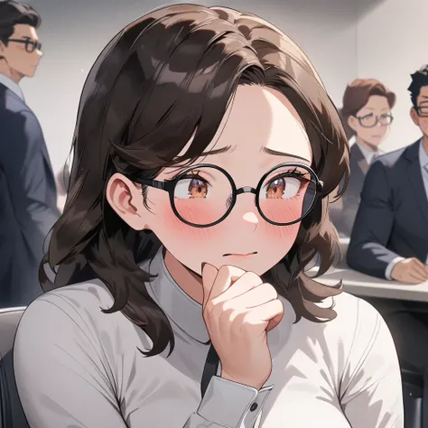 1 female, mature lady, ((blushing)), ((shy expression)), long brown hair, brown eyes, long eyelashes, large breasts, eyeglasses, white buttoned shirt, (alone in a meeting room), (half-body image:1.3), masterpiece, ultra HD, anime style, (my hero academia a...