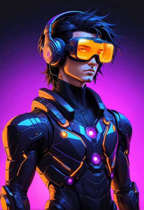 (((medium shot photography))), (a man from the future with synthwave style cybernetic), (male), (perfect body proportions), cyber punk bionic, black hair, purple eyes, ((Black futuristic clothes with LED lights circuits)), ((using headphones)), ((using a b...