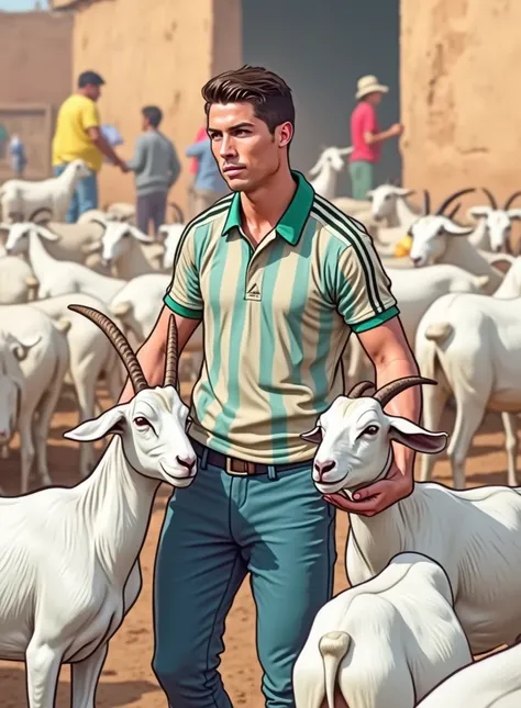 A bustling marketplace filled with livestock. Cristiano Ronaldo, wearing a brown and green striped polo shirt, stands amidst a group of goats, holding one by the neck. The scene is lively, with people in the background going about their activities, some we...