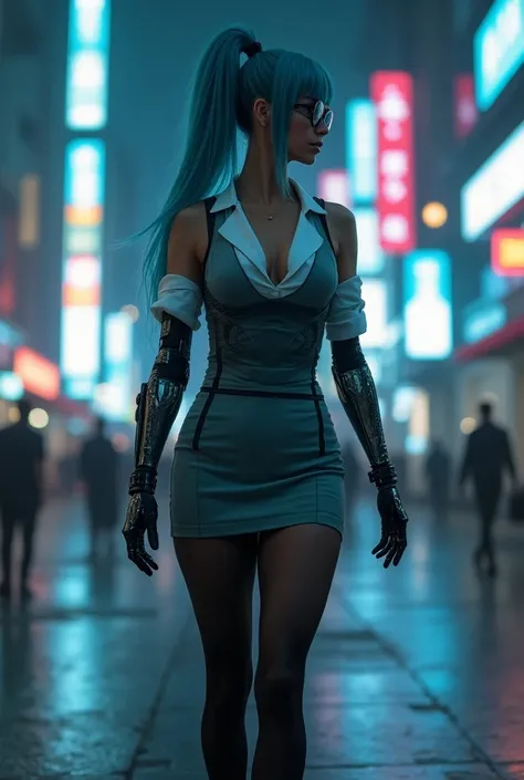 A gorgeous sexy and curvy  cyber punk lady walking the street at night time with futuristic business attire clothing, ((( big natural tits ))), long straight blue hair with a ponytail,  futuristic grey vest with white shirt underneath, (((( robotic arm )))...