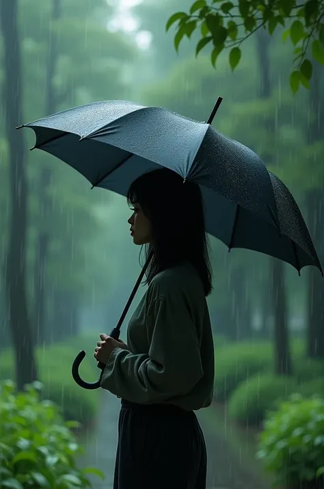 A wet 25 yr old dark haired lady with umbrella standing in a park