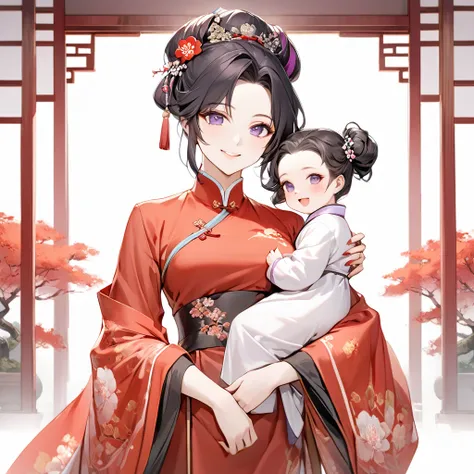 The woman who is carrying the baby of a Chinese Communist Party member physically and mentally has beautiful black hair, Kocho Shinobu, a purple gradation color, wears a gorgeous, sensational, and attractive Chinese dress of a Chinese Communist Party membe...