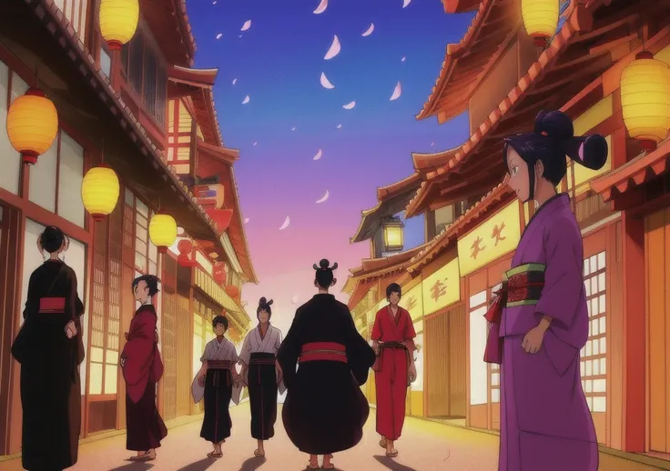 A dynamic scene featuring a group of samurai in traditional Wano armor, each with unique and exaggerated facial expressions, characteristic of the One Piece anime style. The samurai are confidently standing in the middle of a lively Wano market street, wit...