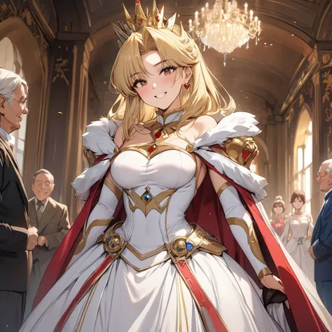 the woman who is the queen of the kingdom is a beautiful blonde fate testarossa, wears a gorgeous and charming dress from the ki...