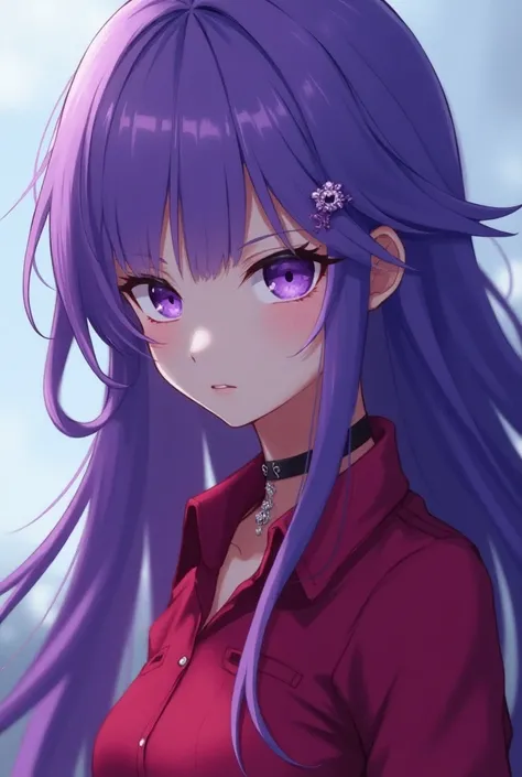 Violet Anime woman shark with purple hair purple eyes Red long shirt in blue 