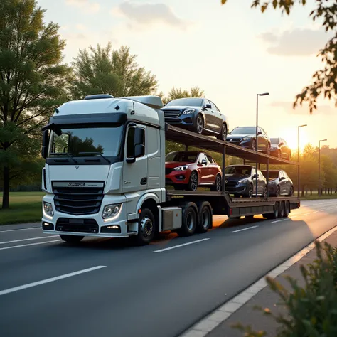 Modern car transporter, Pritsche,  Minni LKW,  diagonally frontal ,  late afternoon , Park 