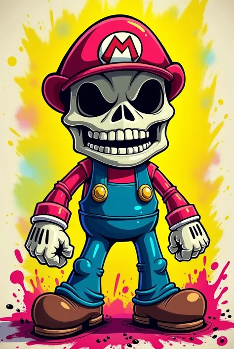   Create a vibrating graffiti illustration of a Super Mario ,  skeleton_toy, The Super Mario  ,  skeleton_toy muss übertriebene Merkmale    ,     for a cartoonish and powerful look    .     Use a color palette   ,    The background must have splashes of br...