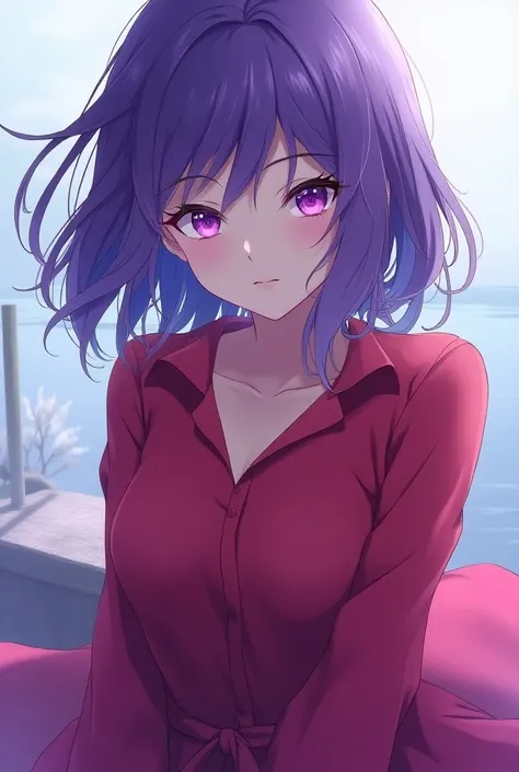 Violet Anime woman shark with purple hair purple eyes Red long shirt in blue 