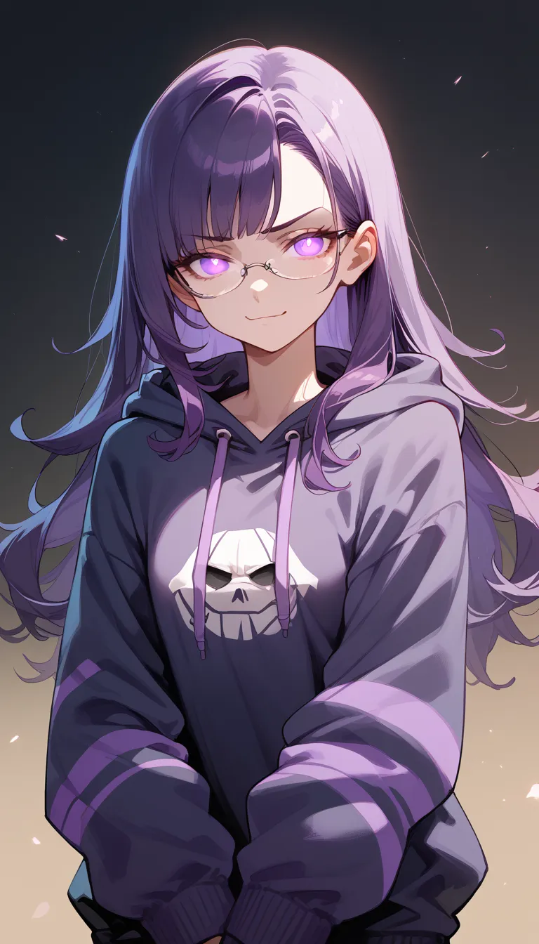 ((masterpiece)), 1girl, solo, long hair, dark purple hair, wearing glasses, sly smirk, oversize hoodie, oversize sleeves, lesbia...