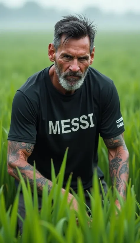 Lionel Messi, tatto, age 50th,mb design 3D text in black shirt, working in rice fields, very realistic