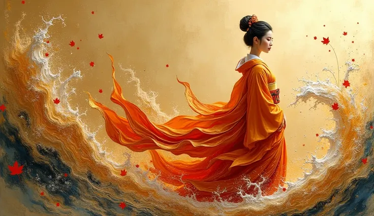 3D textured painting of a Japanese woman in an elegant orange and gold kimono, standing serenely next to an abstract wave created with splashes of thick gold paint. The paint appears dynamically splashed and layered, suggesting motion and energy. Gold leaf...