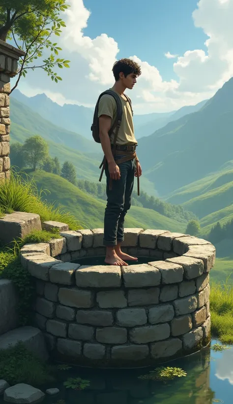 a young man standing on the edge of the well on the ground