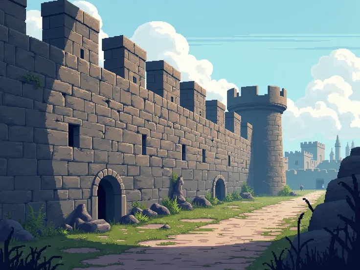  a wall of a medieval castle after the war,continuous from right to left ,  Pixel art 