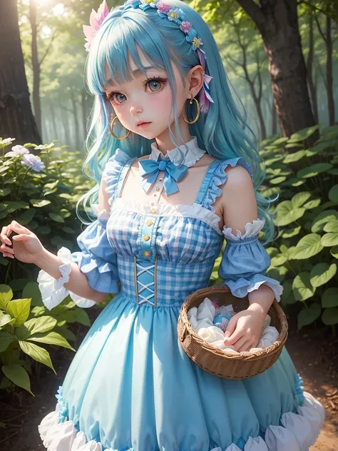 cute little fairy、 Lolita Fashion、Blue gradient hair、Rainbow Colored Feathers 、Gingham check dress、Sweet Lori、 Lolita Dress Bow Hair Accessory ,  Anatomically Accurate, ,  Hoop Earrings 、 Blushing , Leaf、forest、flower、flower冠、forest、Sunshine