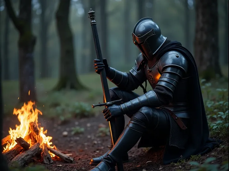  A gentleman dressed in black armor ,  brandishing a silver mandoble in medieval style, se encuentra en un bosque por la Evening, Resting in front of a campfire,  full view , Evening, medieval, dark souls