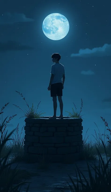 a young man standing on the edge of the well on the ground at night