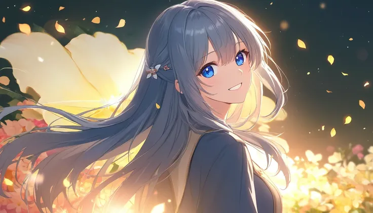 (Mastepiece)、(Best Quality)、Highly detailed face、Upper body shot、anime Girl、1 girl、Gray Hair、blue eyes、Long Hair、smile、Fantasy、Lots of flowers、Many petals、Hair accessories、Backlit lens flare、Highly detailed background、DOF