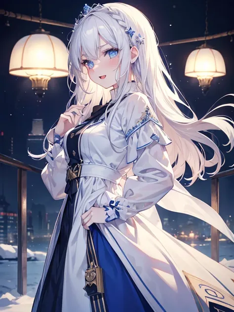 masutepiece, Highest Quality, (Perfect face:1.1), (high detailing:1.1), (ultradetailed eyes), Dramatic, supene illustration, Extremely detailed, 1girl in, (pale skin), long white hair, Ethereal eyes, Blue eyes,tareme, (light eyebrow),blush,Solo,Smile, Happ...