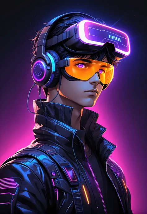 (((medium shot photography))), (a man from the future with synthwave style cybernetic), (male), (perfect body proportions), cyber punk bionic, black hair, purple eyes, ((Black futuristic jacket with LED lights circuits)), ((using headphones)), ((using a bl...