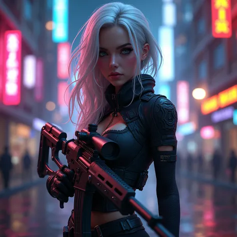 a cyberpunk white bad-ass girl, rogue spec-ops, deadly, assassin, (((full body view))), standing from a far, holding a (((Barrett M82 .50 call))) sniper rifle, stunning detailed facial features, beautiful detailed eyes, beautiful detailed lips, extremely d...