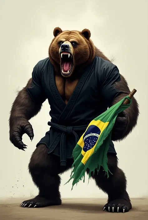 angry adult bear wearing black jiu jitsu suit holding the torn Brazilian flag and showing the fangs on solid ground
