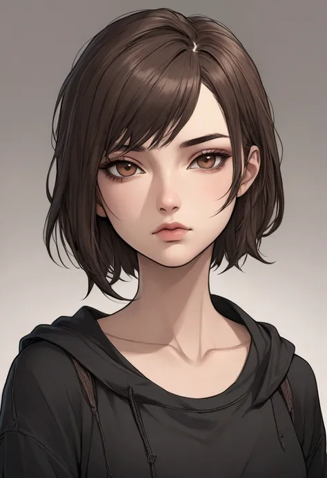 A manga-style illustration of a young woman with a unique, alternative look. She has short, layered, dark brown hair with a slightly messy and textured appearance, reaching her neck, and a choppy fringe covering part of her forehead. Her eyebrows are thick...