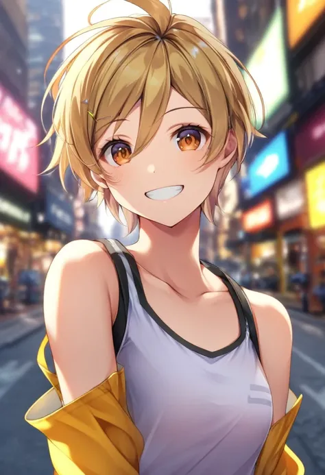 score_9,score_8_up,score_7_up,score_6_up ,source_overwatch score_9, score_8_up, score_7_up,  1girl, solo, tracer (overwatch), portrait, upper body, smile, looking at viewer, depth of field, outdoors,city, tank top,brown eyes,blonde hair, short hair, spiked...