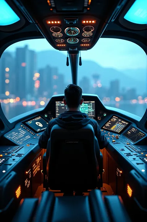 Futuristic helicopter interior dashboard controls 