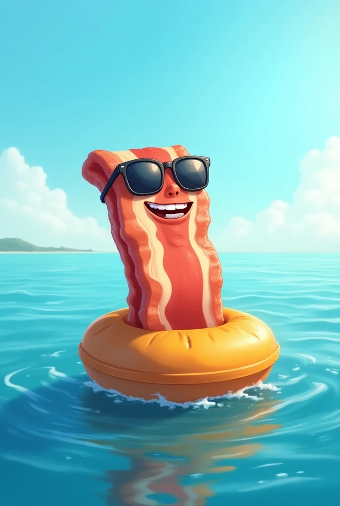 Draw a picture where the character is a slice of bacon with sunglasses on top of a buoy in the sea