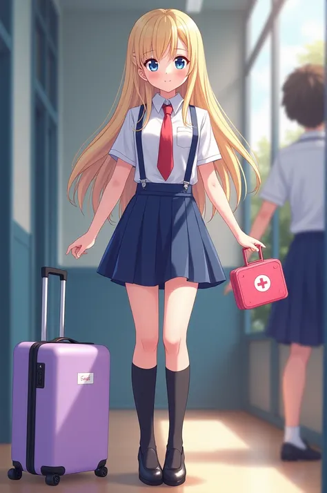 beautiful  blonde blue eyes at school with her uniform lilac suitcase pink lunch box black shoes blue skirt white blouse with suspenders and red tie